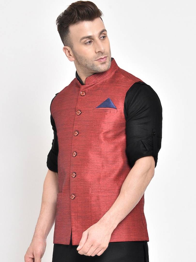 Men's Maroon Viscose
 Woven Design Nehru Jackets